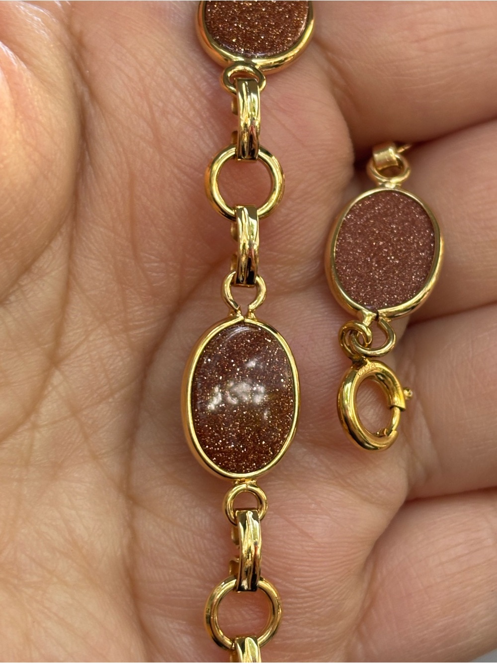 Vintage 12K Gold Filled Goldstone Oval Link Bracelet 7.5”